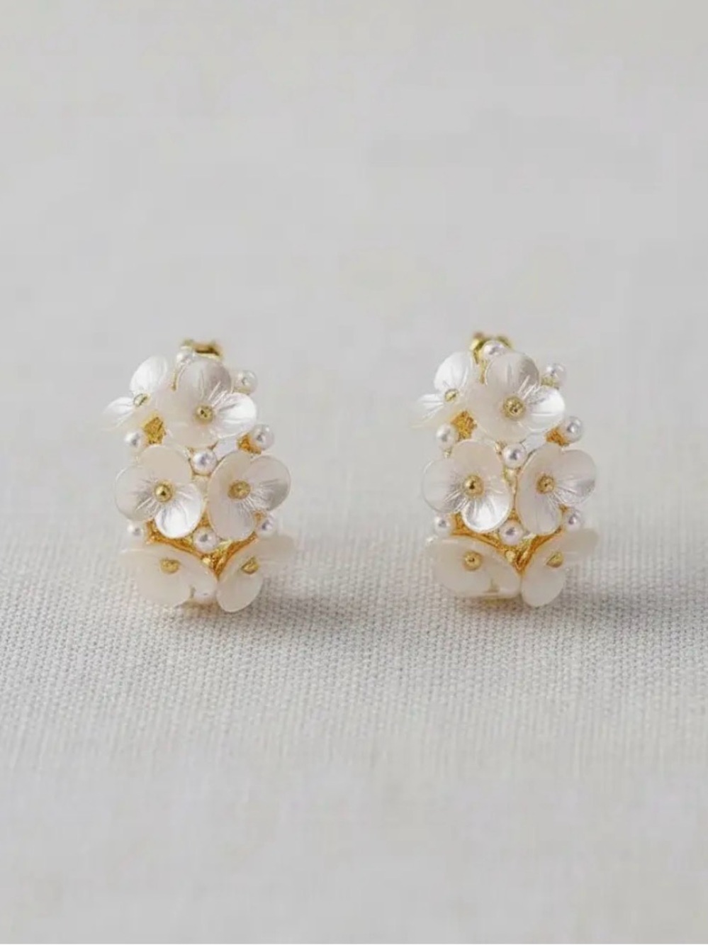 White Floral Cluster Hoop Earrings - Women Jewelry